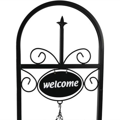 Hanging Basket Planter Stand with Decorative "Welcome" Sign - 48-Inch Tall