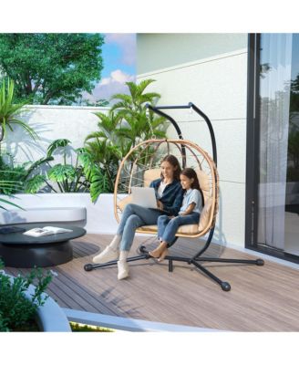 Outdoor 2-Person Hanging Wicker Double Egg Porch Swing Chair with Stand and Beige Cushion