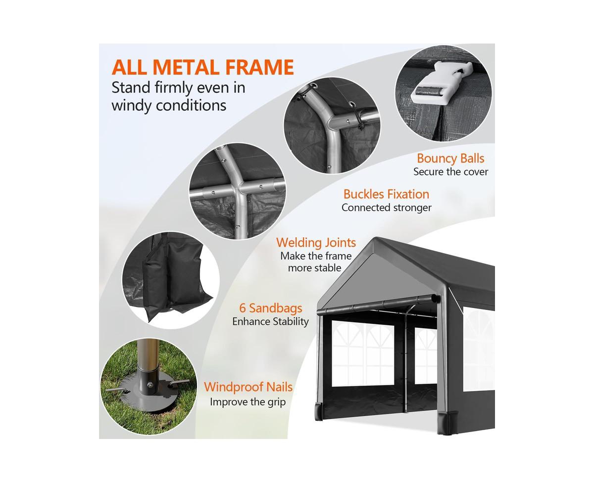 gaomon 12'x20' Larger Carport with 6 Roll-up Ventilation Windows, Quick and Easy Setup - Heavy Duty Portable Car Tent Garage for Car, Suv, Truck & Boa