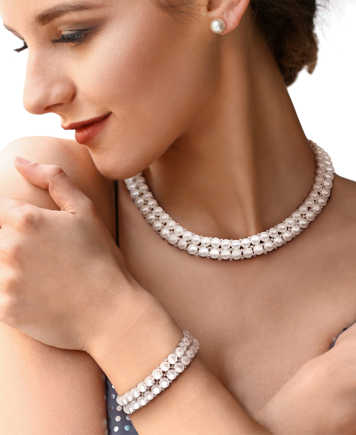 MACY'S CULTURED FRESHWATER PEARL (6-8MM) 3-PC. SET DOUBLE ROW STRAND NECKLACE, STRETCH BRACELET & STUD EARR 
