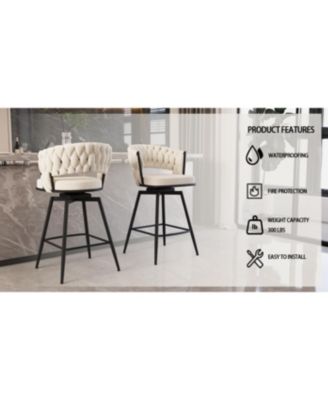 Bar Chair Suede Woven Bar Stool Set of 4,Black legs Barstools No Adjustable Kitchen Island Chairs,360 Swivel Bar Stools Upholstered Bar Chair Counter Stool Arm Chairs with Back Footrest, (White