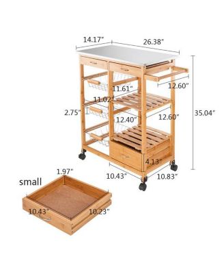 Moveable Kitchen Cart with Stainless Steel Table Top, Three Drawers, and Three Baskets in Burlywood for Versatile Storage and Convenience