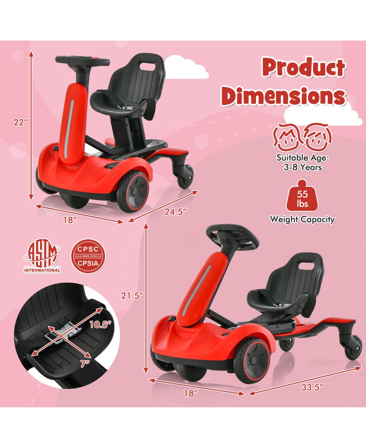 Hongge 6V Kids Ride on Drift Car with 360° Spin and 2 Adjustable Heights