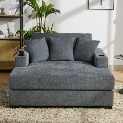 Oversized Chaise Lounge Sofa with Amenities, Chenille Fabric