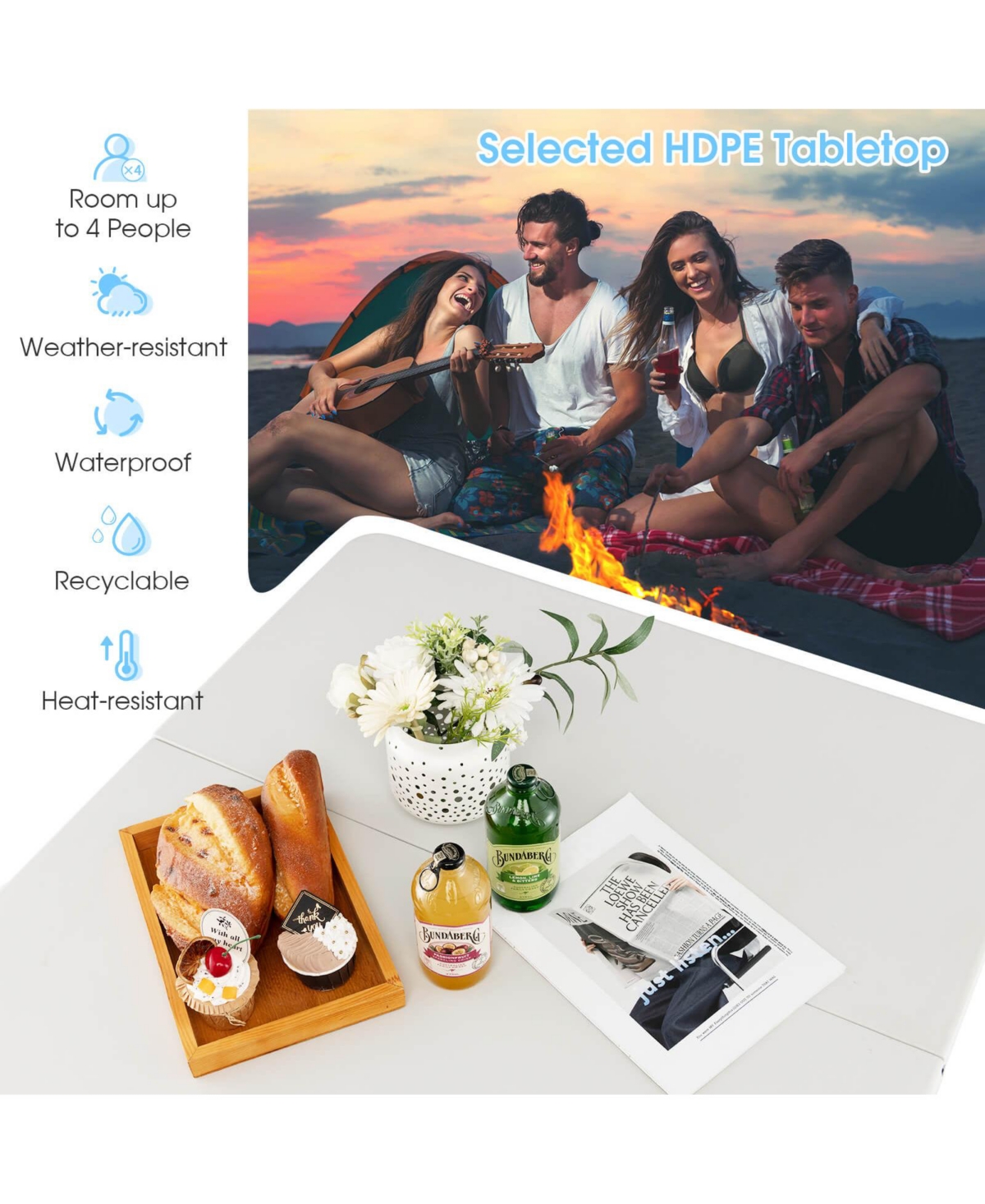 Sugift Folding Camping Table with All-Weather Hdpe Tabletop and Rustproof Steel Frame