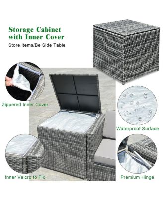 8 Piece Wicker Sofa Rattan Dinning Set Patio Furniture with Storage Table-Black