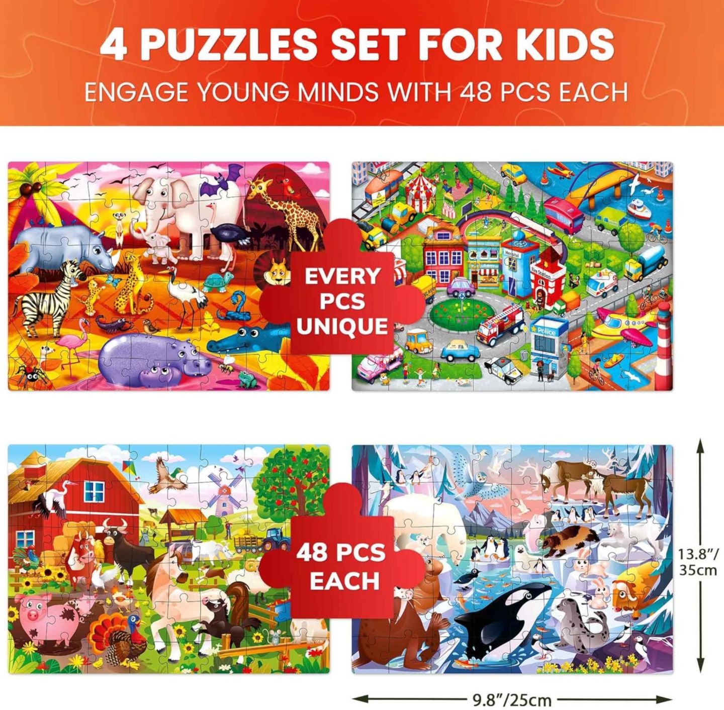 Детские игрушки Quokka Animal 48-Piece Puzzles, 4-Pack, Ages 4+, цвет: Анималистичный — фото 4