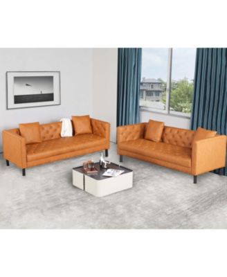 3 Seater Sofa with Tufted Back, Grain Leather Couch with Feather, Vintage Faux Leather