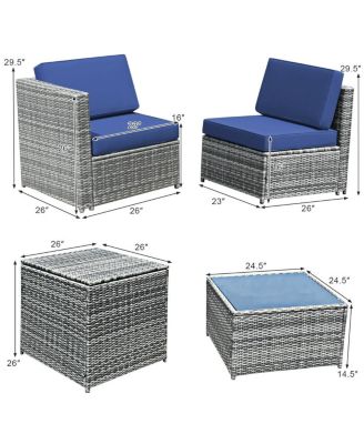 8 Piece Wicker Sofa Rattan Dinning Set Patio Furniture with Storage Table-Navy