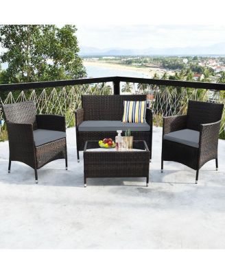 4 Pieces Comfortable Outdoor Rattan Sofa Set with Glass Coffee Table-Gray