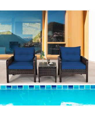 3 Pieces Outdoor Patio Rattan Conversation Set with Seat Cushions-Navy