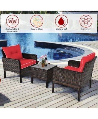 3 Pcs Outdoor Patio Rattan Conversation Set with Seat Cushions-Red