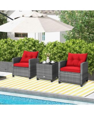 3 Pieces Outdoor Wicker Conversation Set with Tempered Glass Tabletop-Red