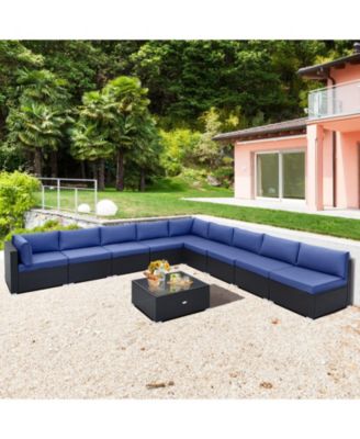 10 Piece Outdoor Wicker Conversation Set with Seat and Back Cushions-Navy