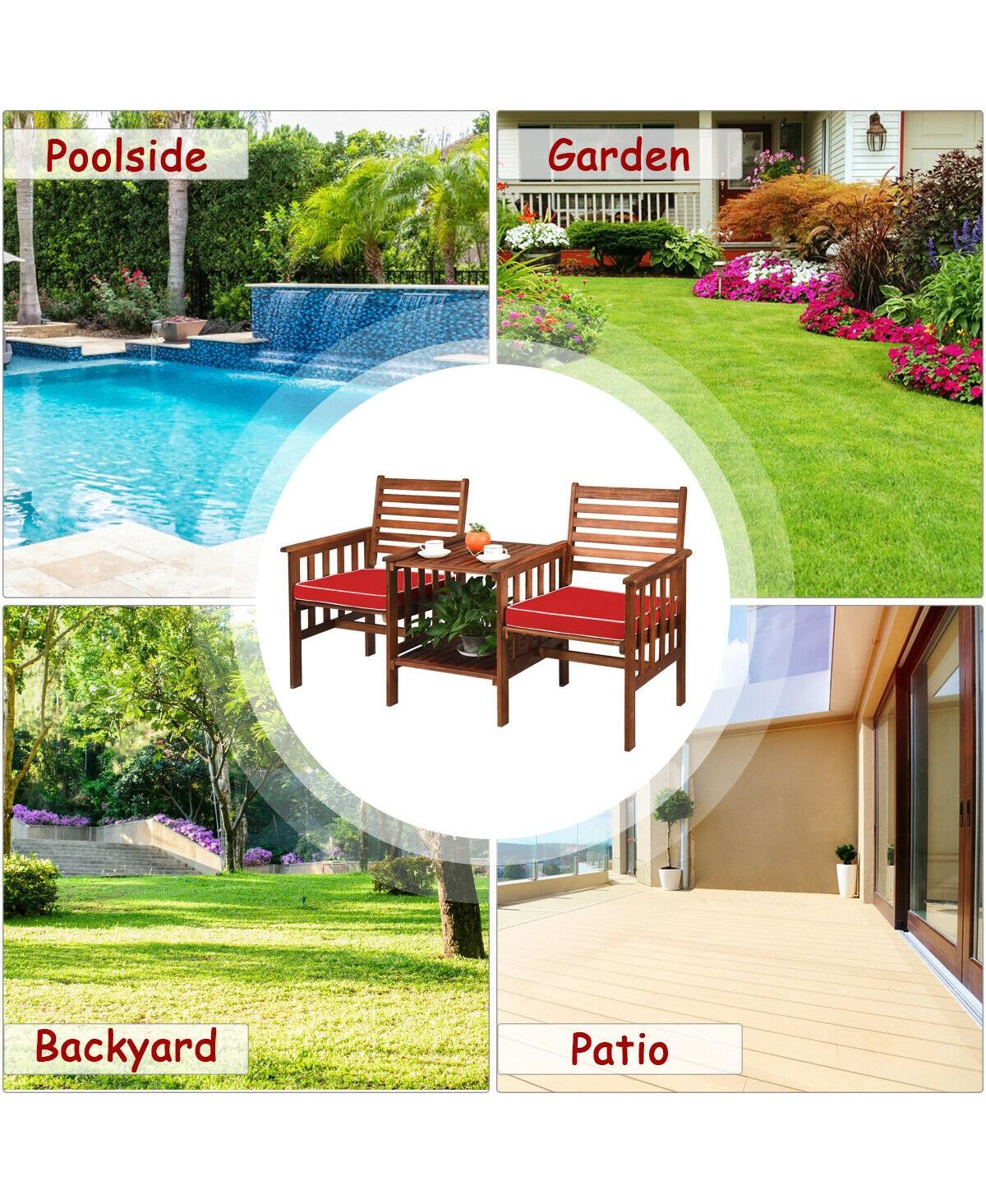 Sugift 3 pcs Outdoor Patio Table Chairs Set Acacia Wood Loveseat- Red