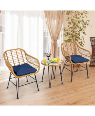 3 Pieces Rattan Furniture Set with Cushioned Chair Table-Navy