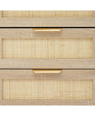 Nightstand, Rattan End Table, Nightstands with 3 Natural Rattan Drawers, Strong Support Wooden Structure, Side Table