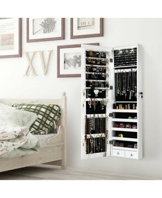 Wall and Door Mounted Mirrored Jewelry Cabinet with Lights-White
