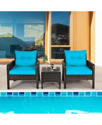 3 Pcs Outdoor Patio Rattan Conversation Set with Seat Cushions-Turquoise