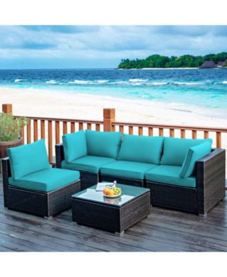 5 Pieces Cushioned Patio Rattan Furniture Set with Glass Table-Turquoise