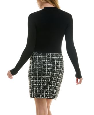 Juniors' Combo Tweed-Skirt Long-Sleeve Sweater Dress