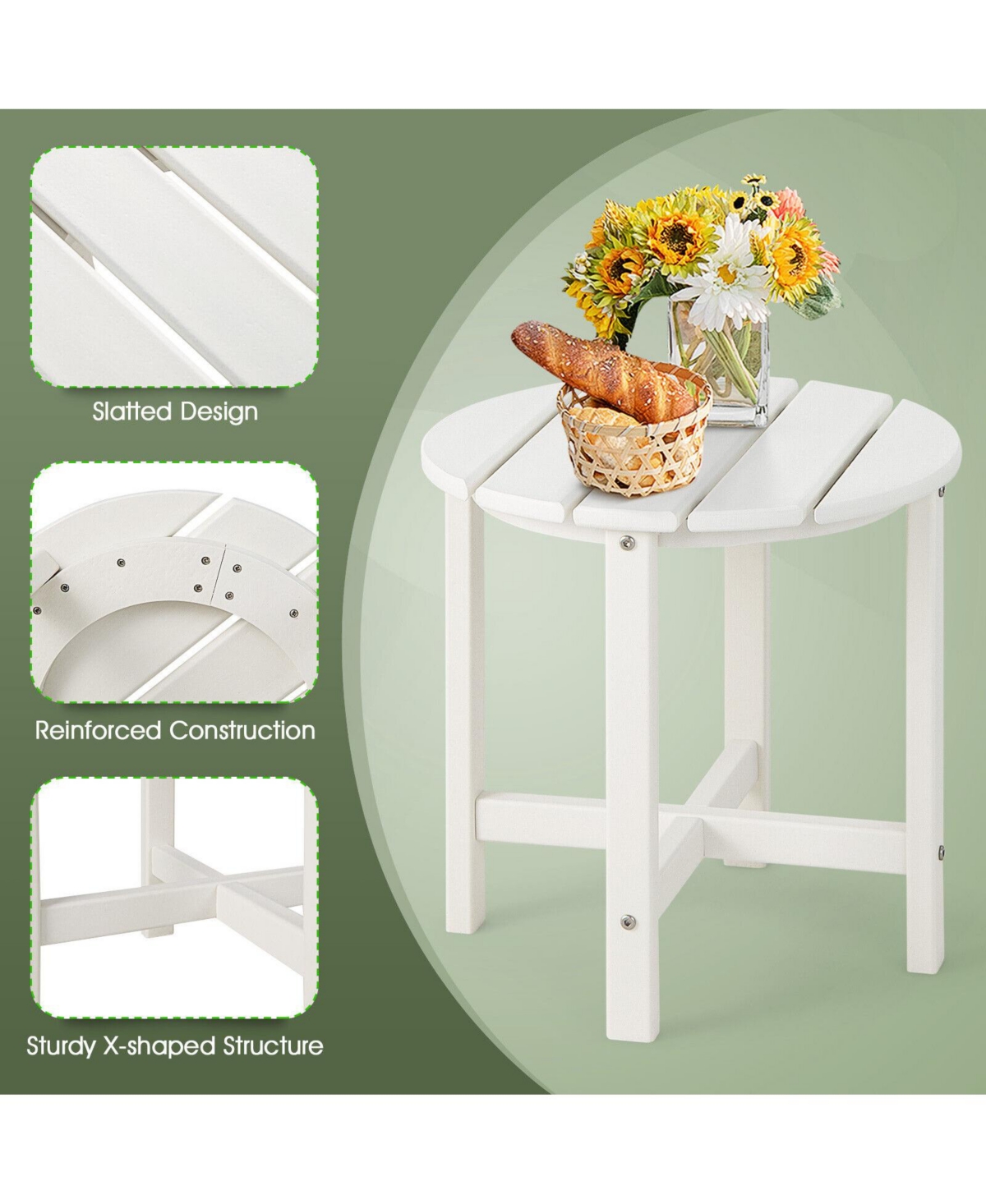 Sugift 18 Inch Round Weather-Resistant Adirondack Side Table-White