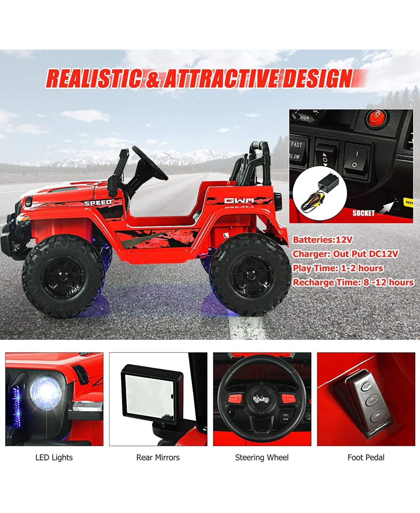 Детская игрушка HONGGE 12V Ride-On Jeep with 2.4G Remote Control and Bluetooth Music, Ages 3-8 — фото 5