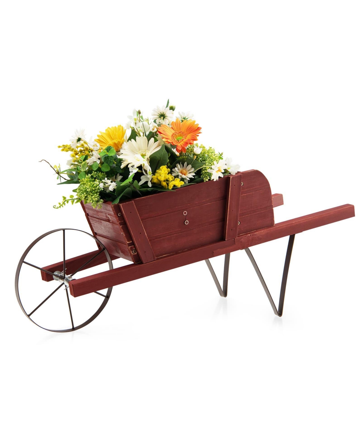 Wooden Wagon Planter with 9 Magnetic Accessories for Garden Yard-Red - Brown