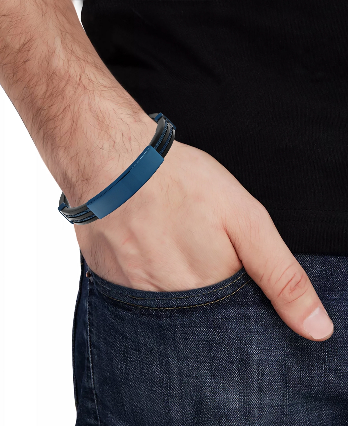 BLACKJACK MEN'S BLACK RUBBER DOUBLE CABLE ID BRACELET IN STAINLESS STEEL 