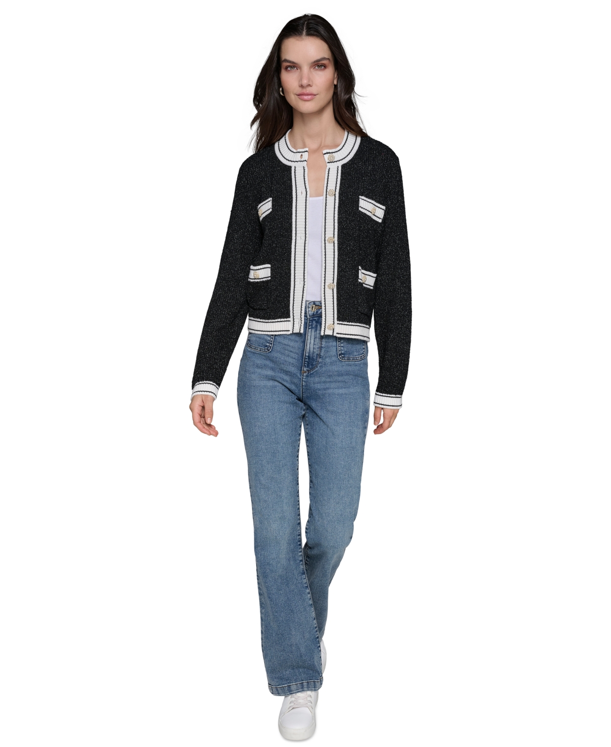 Karl Lagerfeld Paris Women's 4-Pocket Embellished Cardigan -Soft White