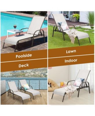 2 Pcs Outdoor Patio Lounge Chair Chaise Fabric with Adjustable Reclining Armrest-Gray