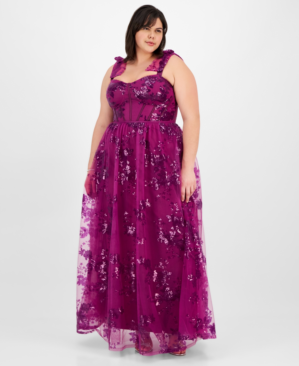 CITY STUDIOS PLUS SIZE SEQUIN TULLE CORSET GOWN, CREATED FOR MACY'S 