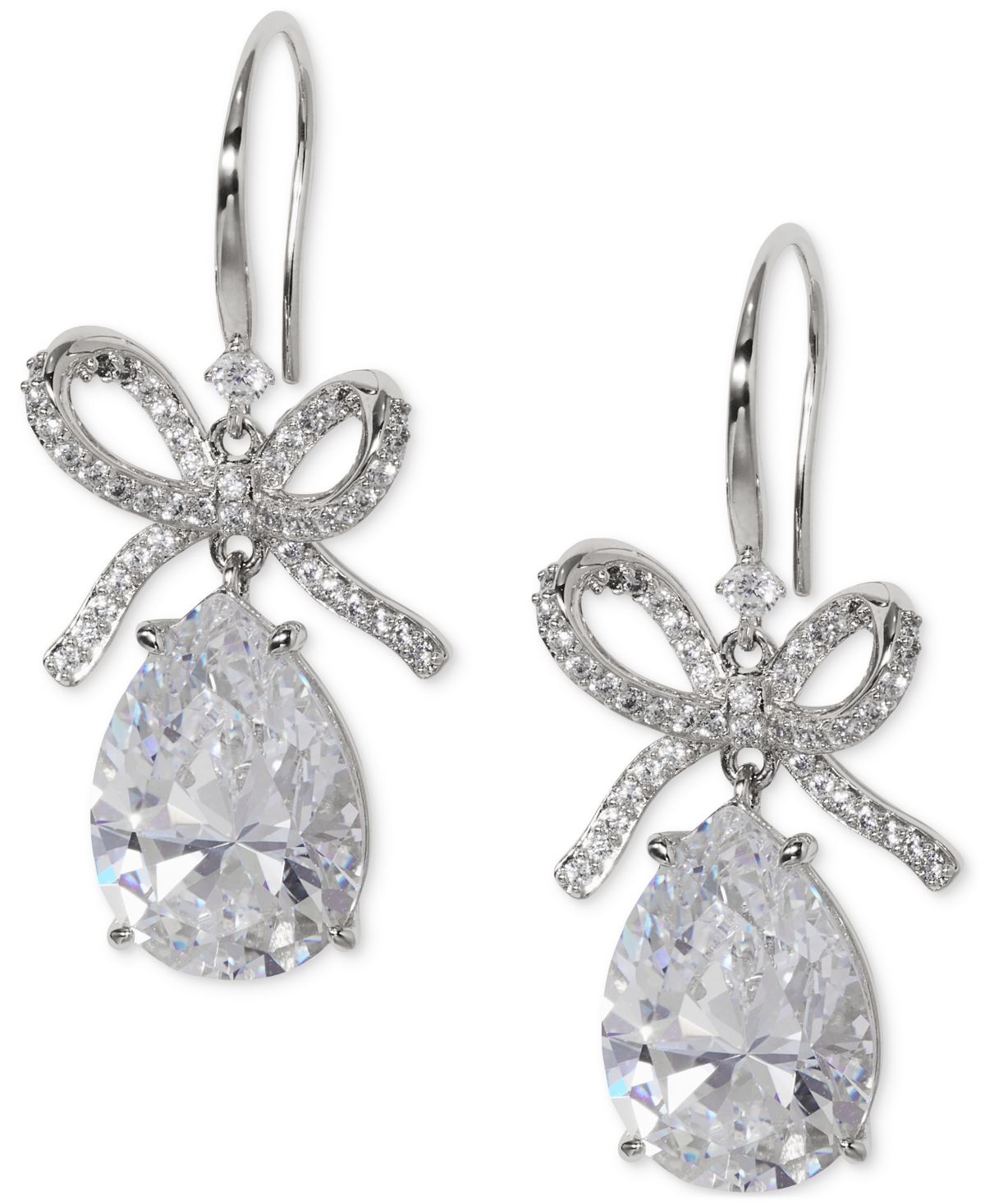 Eliot Danori Silver-tone Pave Bow & Pear-shape Cubic Zirconia Drop Earrings, Exclusively At Macy's In Rhodium