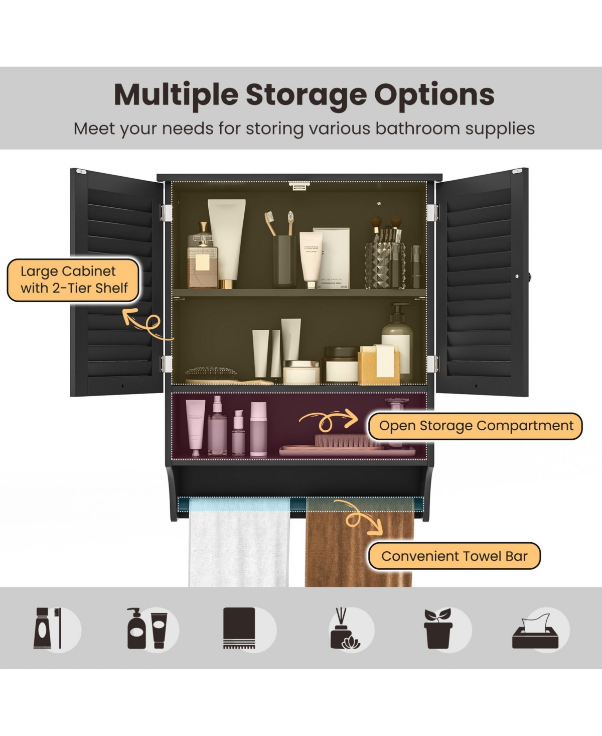 Sugift 2-Doors Bathroom Wall-Mounted Medicine Cabinet with Towel Bar- Black