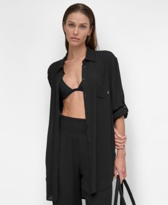 Women's Gauze Collared Button-Front Beach Shirt