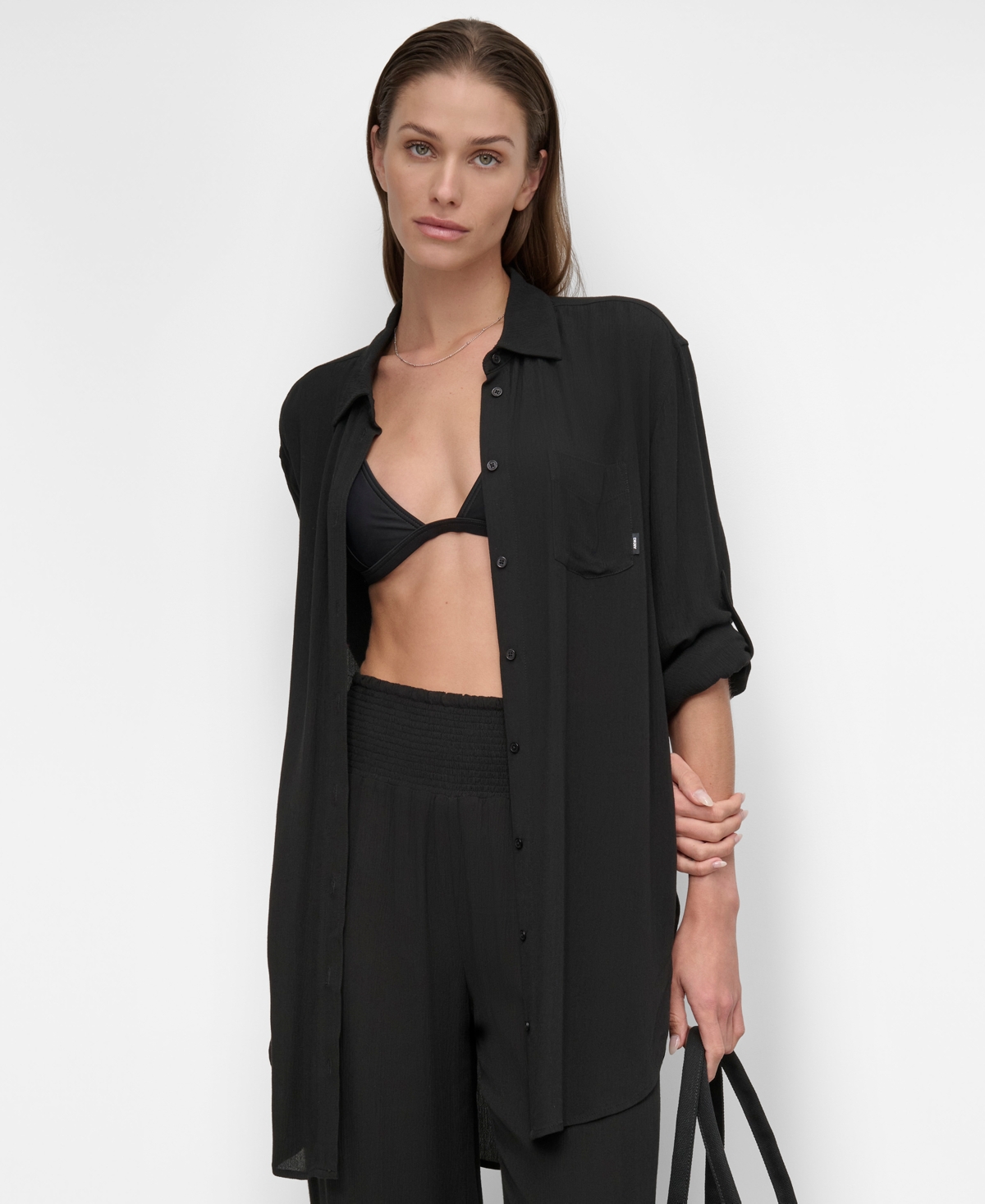 Dkny Women's Gauze Collared Button-front Beach Shirt In Black