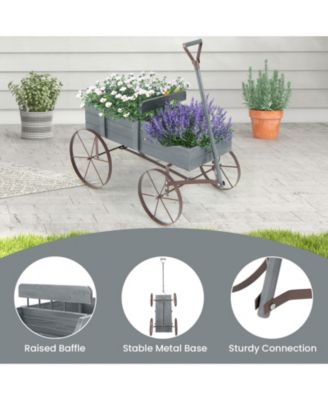 Wooden Wagon Plant Bed with Metal Wheels for Garden Yard Patio-Gray