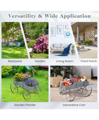 Wooden Wagon Plant Bed with Metal Wheels for Garden Yard Patio-Gray