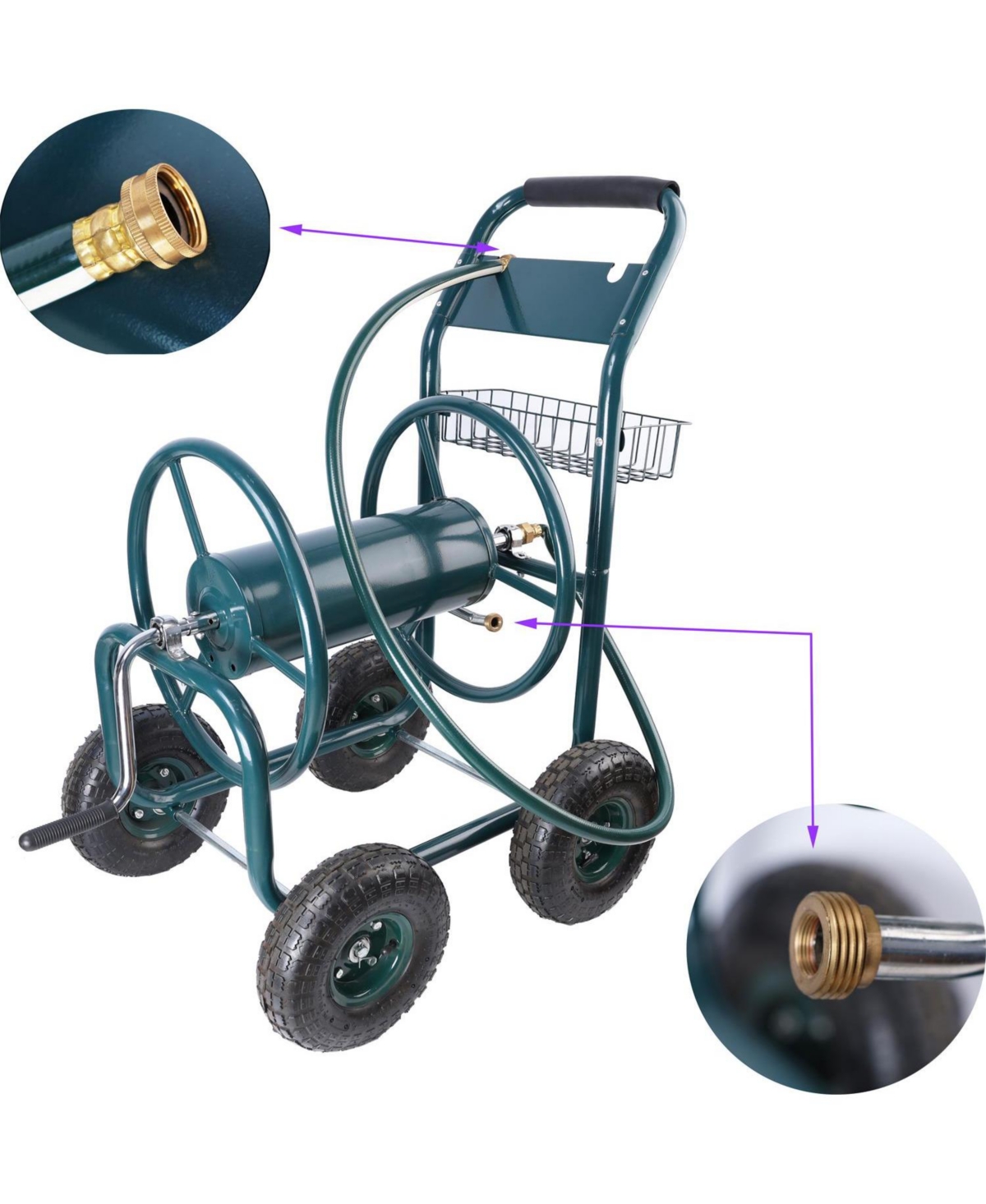 Slickblue Portable Garden Hose Reel Cart with 4 Wheels and Storage Basket, Rust-Resistant Heavy-Duty Water Hose Holder
