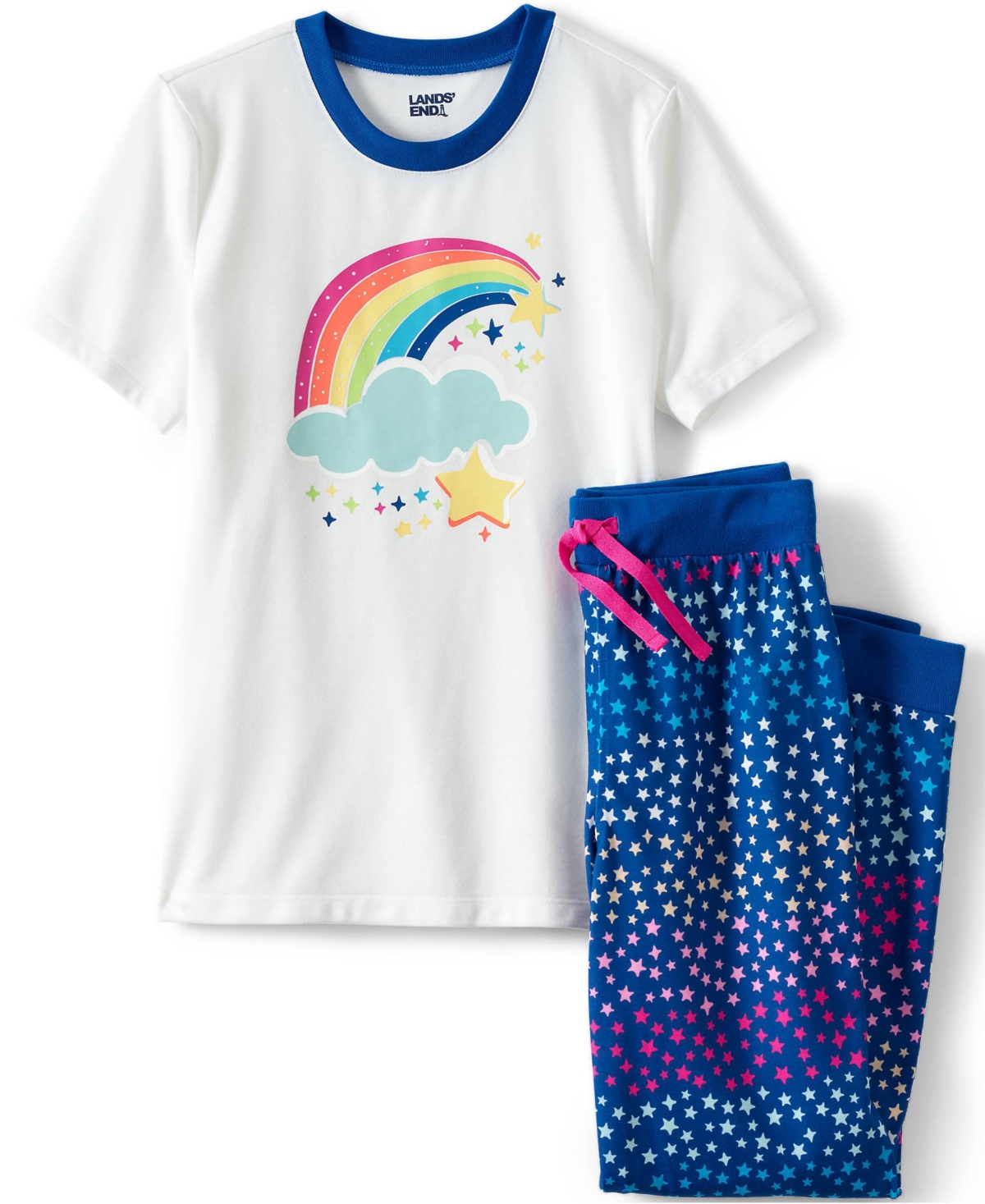 Lands' End Big Girls Short Sleeve Top and Jogger Bottom Pajama Set - White stars and rainbow