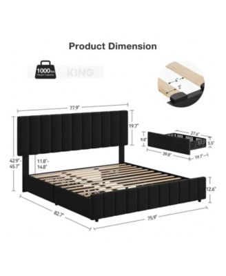 Bed Frame With 4 Storage Drawers And Adjustable Headboard, Linen Upholstered Platform Bed Frame With Wooden Slats Support, No Box Spring Needed