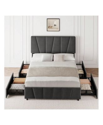 Bed Frame With Storage Drawers And Headboard, Upholstered Platform Bed Frame With Wooden Slats Support, No Box Spring Needed