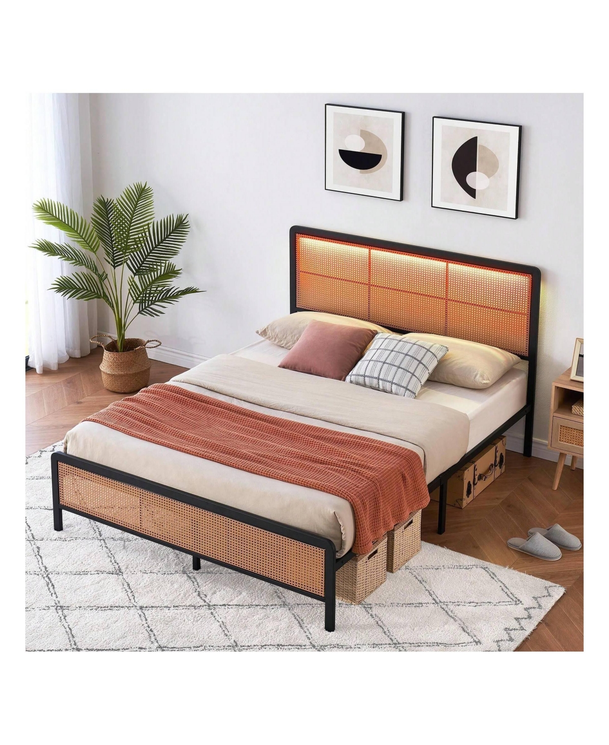 gaomon Rattan Bed Frame With Headboard And Footboard, Heavy Duty Metal Platform Bed Frame With Storage, Easy Assembly, No Box Spring Needed, Mattress