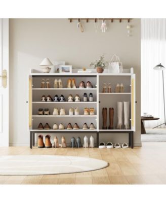 3-Door Shoe Cabinet – White, Rattan Style, 7-Tier Adjustable Shelves, Freestanding Storage for Entryway & Living Spaces.