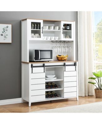 70" Farmhouse Coffee Bar Wine Cabinet with Sliding Barn Doors and Storage, Tall Kitchen Hutch