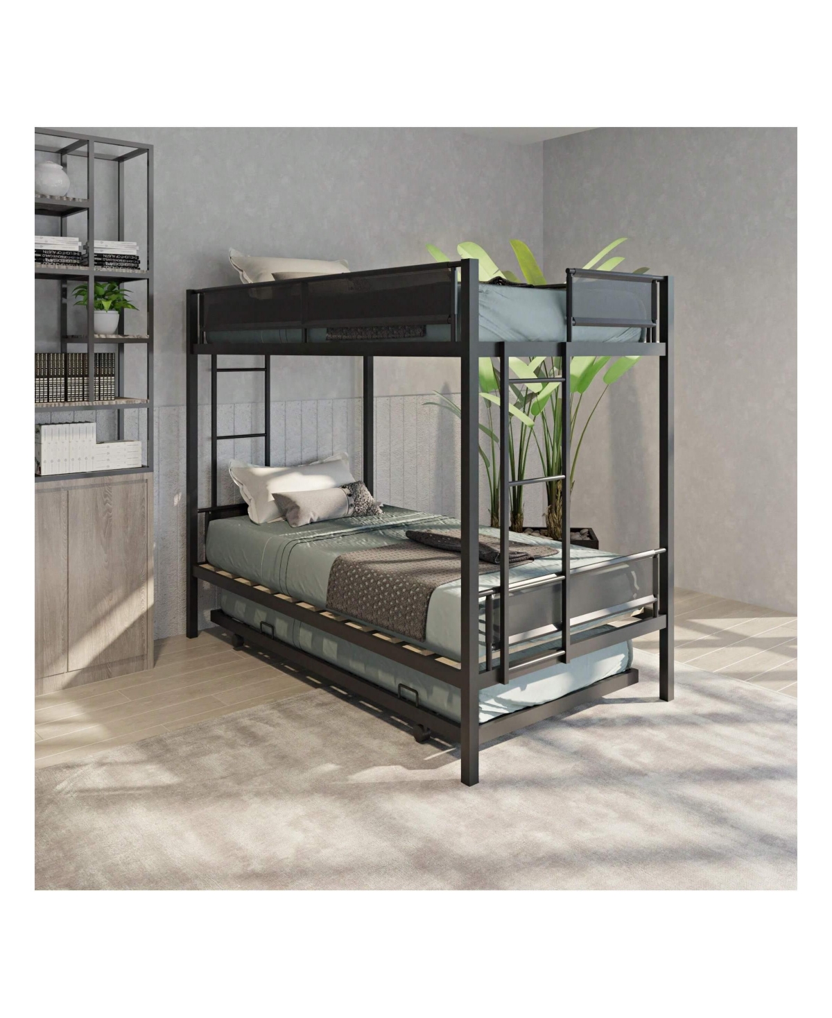 gaomon Over Bunk Bed With Trundle, Wood Slats, 2 Side Ladders, Guardrail Metal Bed Frame, No Spring Box Needed Sturdy Metal Frame For Bedroo