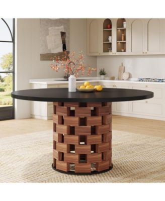 Round Dining Table for 4–6, 47" Farmhouse Kitchen Table with Wood Block Base for Dining Room, Living Room, or Kitchen
