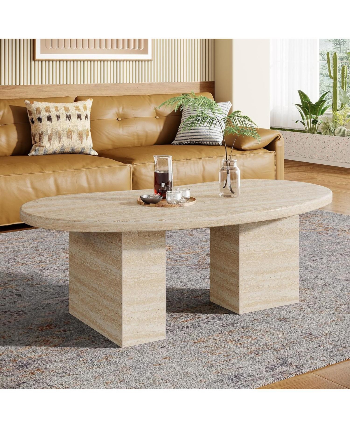 Tribesigns Oval Coffee Table for Living Room, Large Modern Coffee Table, All-Wood Center Table with Asymmetric Pedestal Legs, Oak