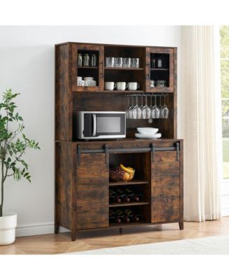 70" Farmhouse Coffee Bar Wine Cabinet with Sliding Barn Doors and Storage, Tall Kitchen Hutch