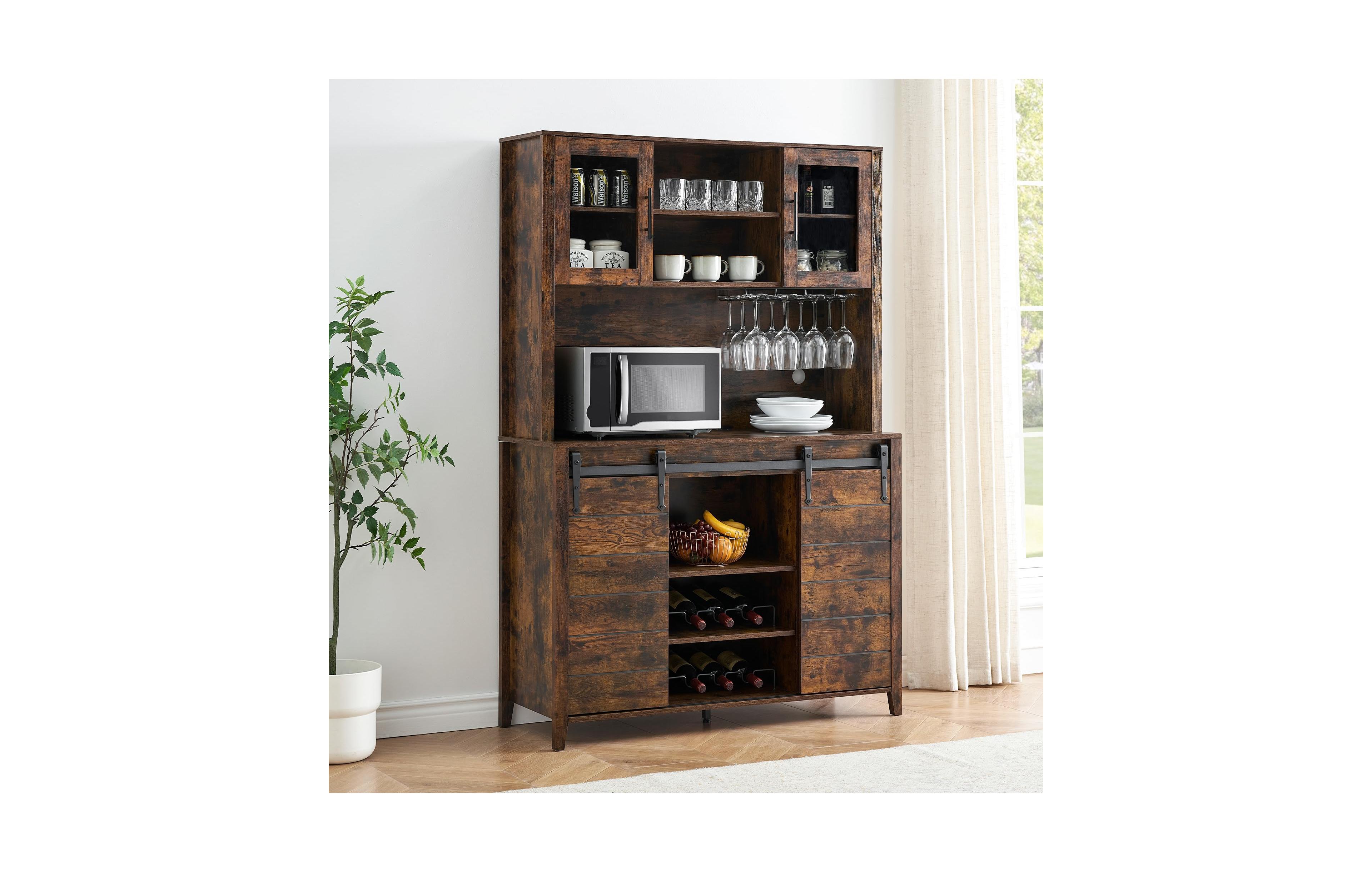 gaomon 70" Farmhouse Coffee Bar Wine Cabinet with Sliding Barn Doors and Storage